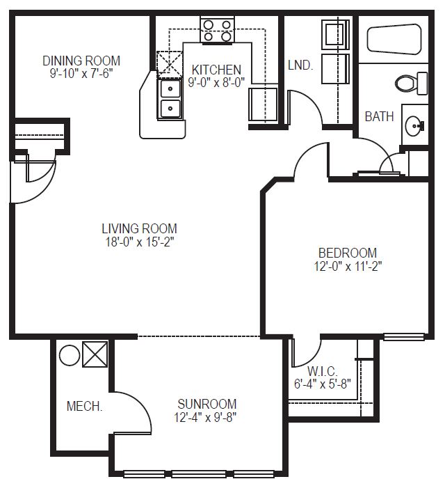 Navigator phase II one bedroom one bath with sunroom floor plan at Village on the Lake Apartments in Spring Lake NC